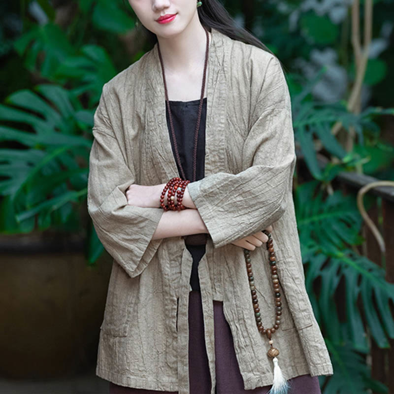 Hanfu Design Three Quarter Sleeve Ramie Linen Coat Open Front Top Jacket