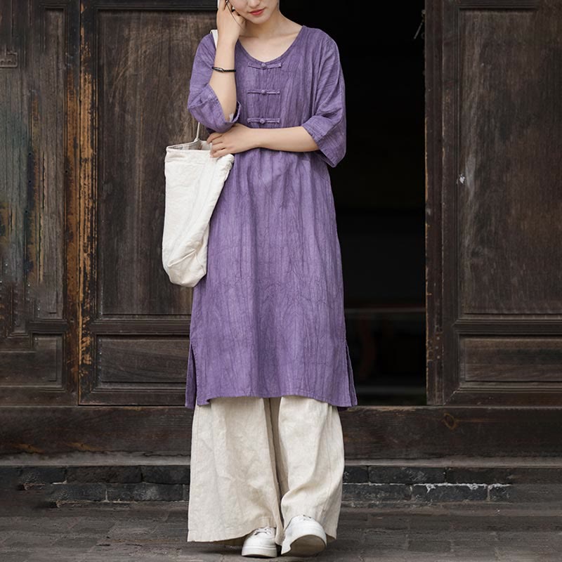 Ramie Linen Tie-Dye Frog-Button Meditation Midi Dress & Wide-Leg Pants Set