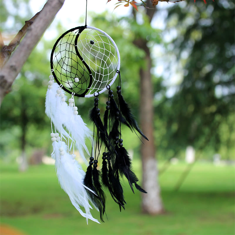 Yin Yang Dream Catcher Circular Net with Feathers Balance Decoration