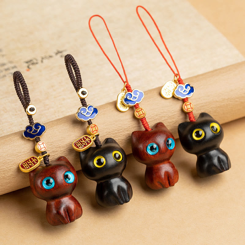 Small Leaf Red Sandalwood Ebony Wood Lucky Cat Protection Key Chain Phone Hanging Decoration