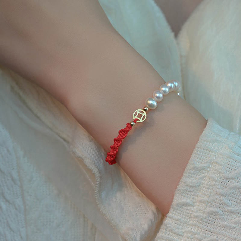 14K Gold Plated Pearl and Prosperity Symbol Braided Red String Bracelet