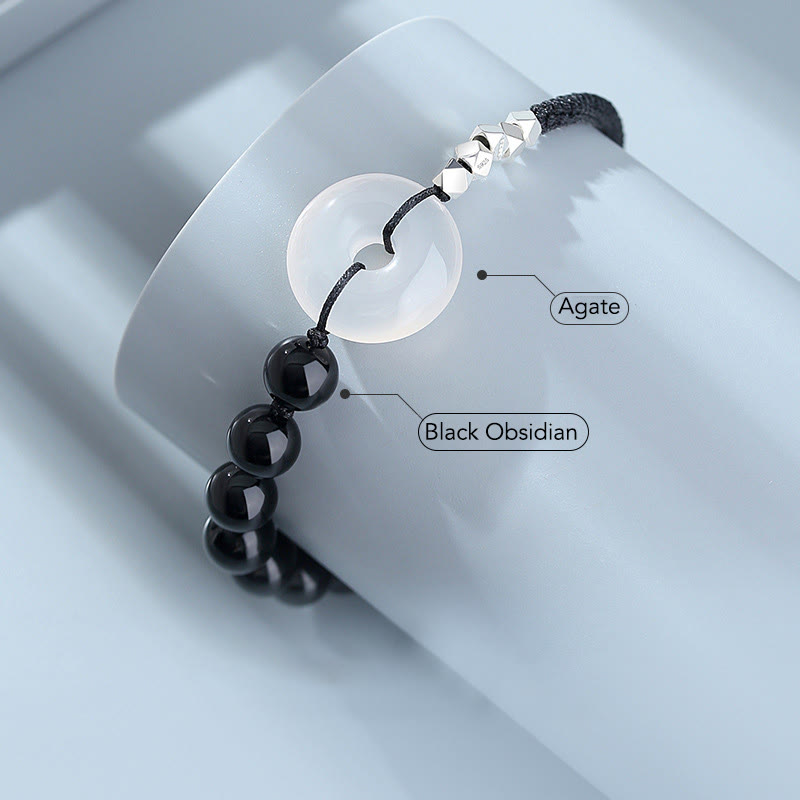 Adjustable 925 Sterling Silver Black Obsidian Agate Ping An Kou Peace Buckle Bracelet