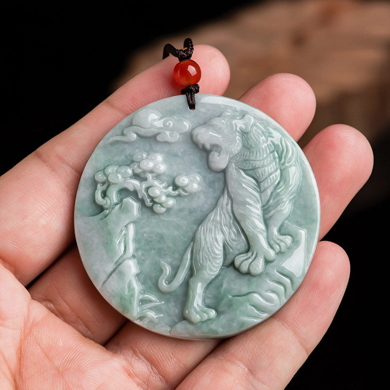 Chinese Zodiac Tiger Jade Protection Necklace String Pendant