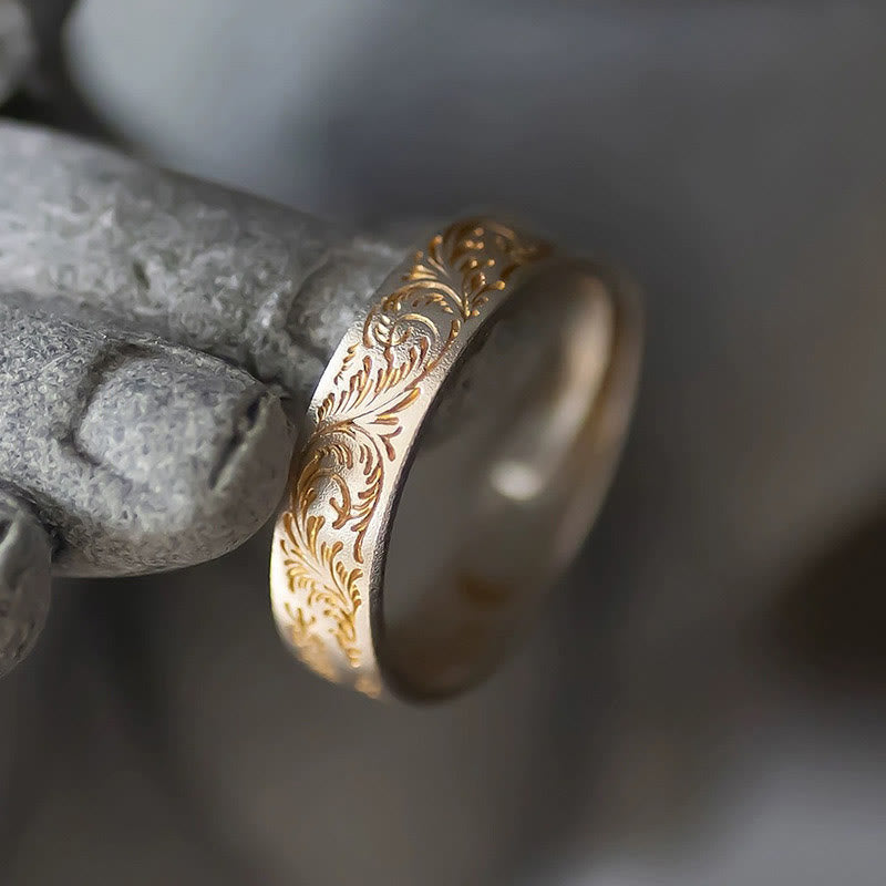 999 Sterling Silver Gold-Painted Joyful Flower Pattern Peaceful Heart Sutra Ring