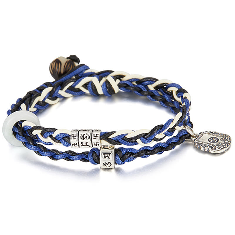 Handmade 925 Sterling Silver Om Mani Padme Hum Buddhist Swastika Jade & Bodhi Seed Bracelet