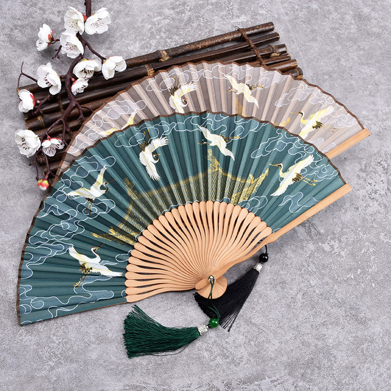 Vintage Cloud Crane Pattern Handheld Bamboo Folding Fan