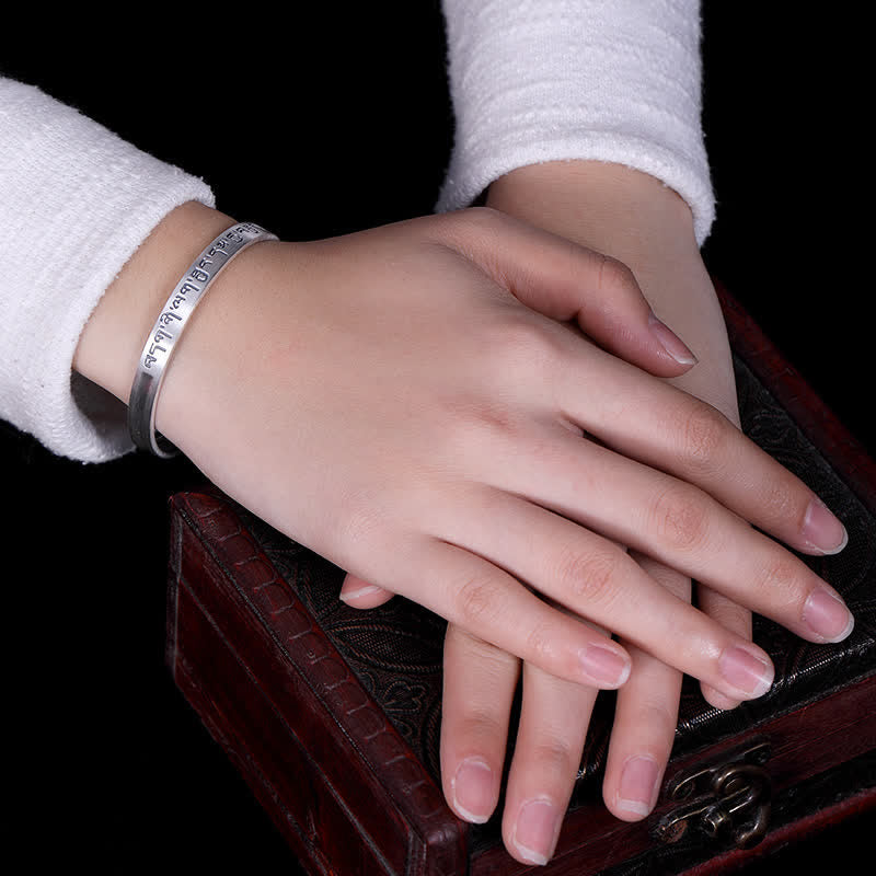 999 Sterling Silver Six True Words Heart Sutra Protection Bracelet Bangle