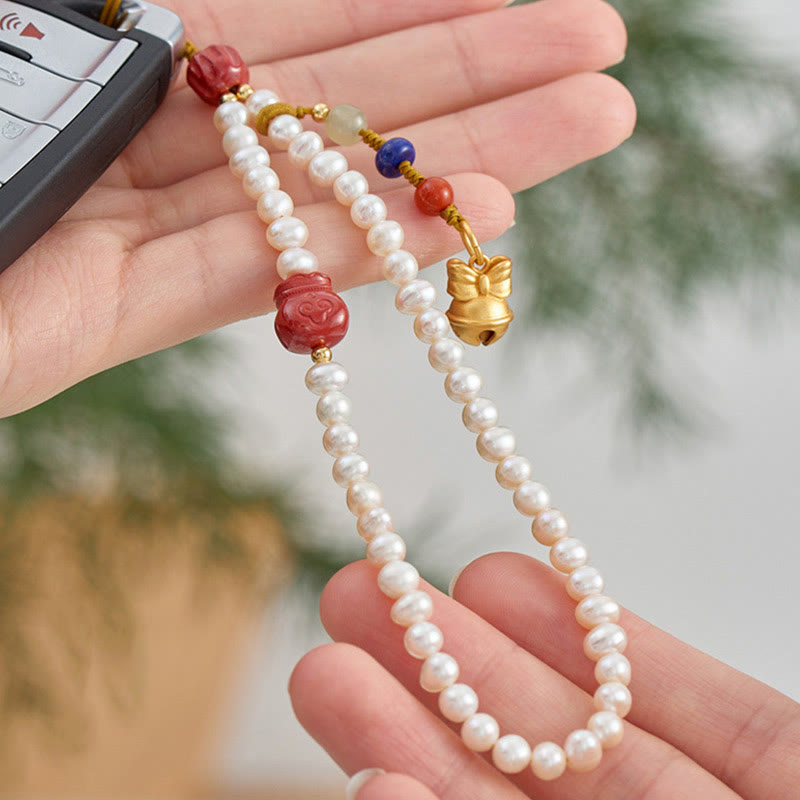 Natural Pearl Cinnabar Money Bag Bell Gold Swallowing Beast Dancing Lion Healing Phone Hanging Decoration