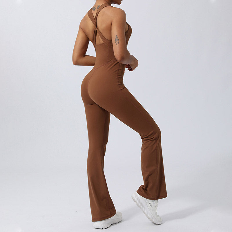 Women Workout Crisscross Sleeveless Flare Jumpsuit Sports Fitness Yoga Bodysuit