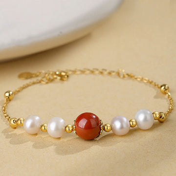925 Sterling Silver Cinnabar and Pearl Bead Chain Adjustable Bracelet