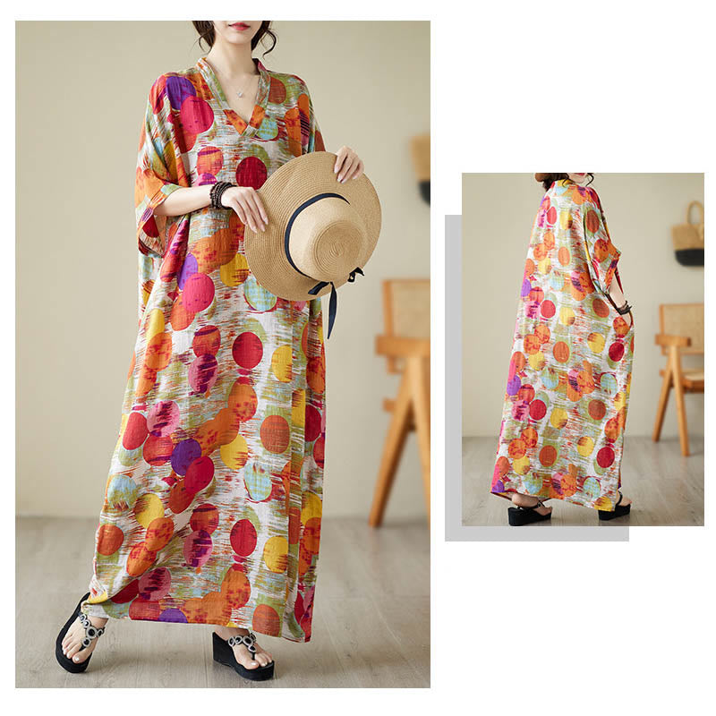 Orange Blue Colorful Polka Dots Midi Dress Cotton Half Sleeve Dress With Pockets