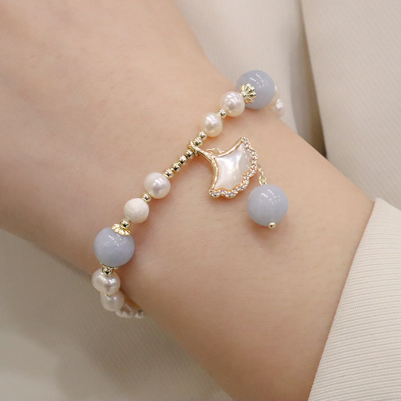 Natural Aquamarine Pearl Seashell Charm Bracelet with Ginkgo Leaf or Butterfly Accents