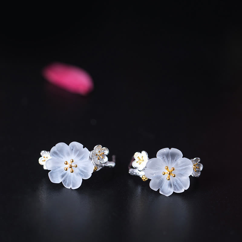 925 Sterling Silver Plum Blossom Floral Clear Quartz Earrings