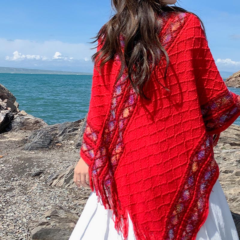Tactile Knit Geometric Tassel Meditation Shawl Pullover