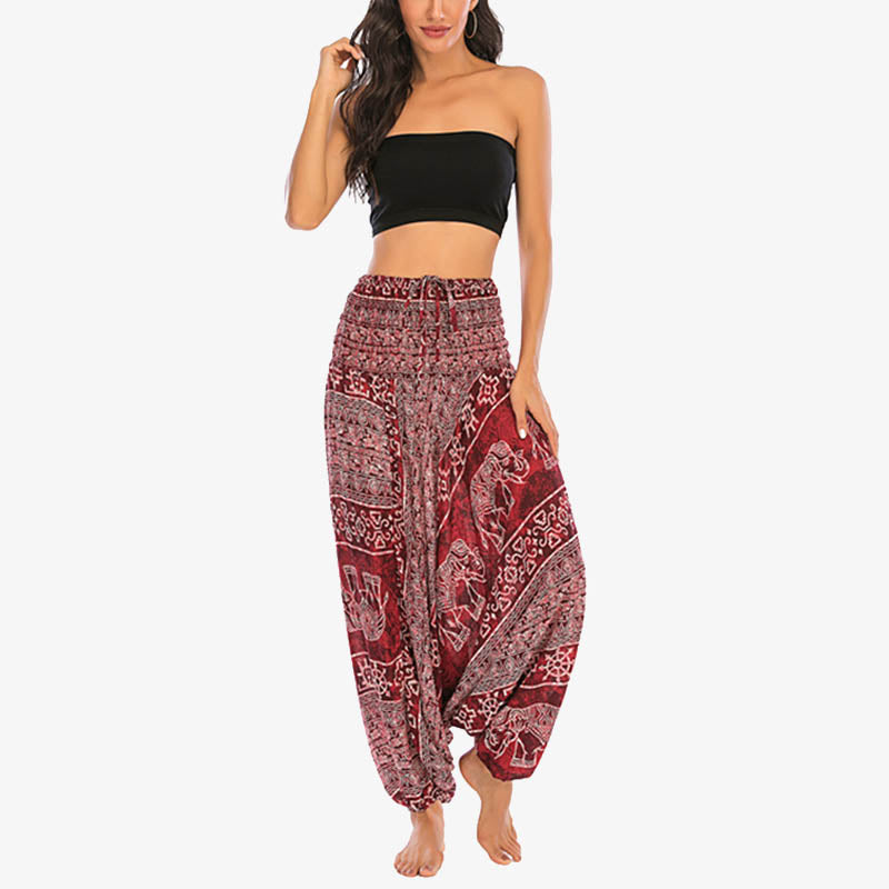 Two Style Wear Elephant Pattern Loose Smocked Harem Trousers Jumpsuit Women's Yoga Pants