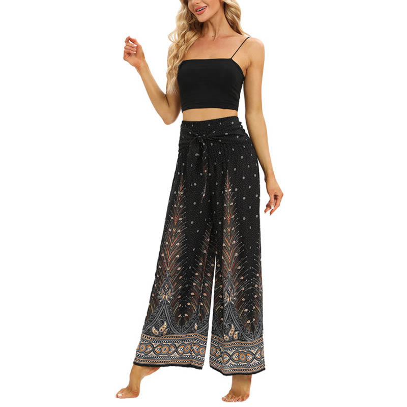 Boho Peacock Feathers Lace-up Wide Leg Pants Women's Yoga Pants
