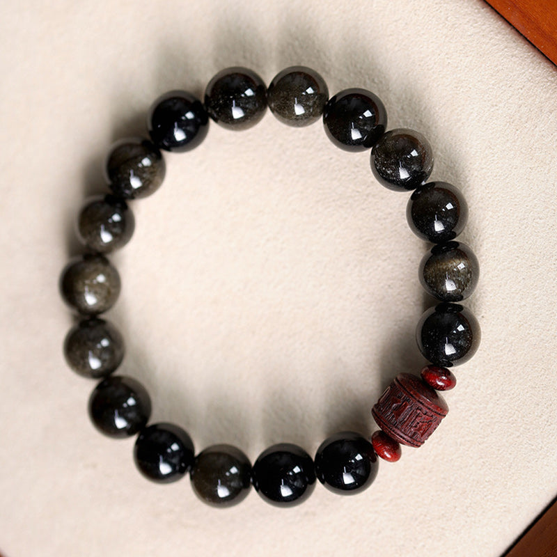 Natural Gold Sheen Obsidian Rainbow Obsidian Om Mani Padme Hum Fu Character Healing Bracelet