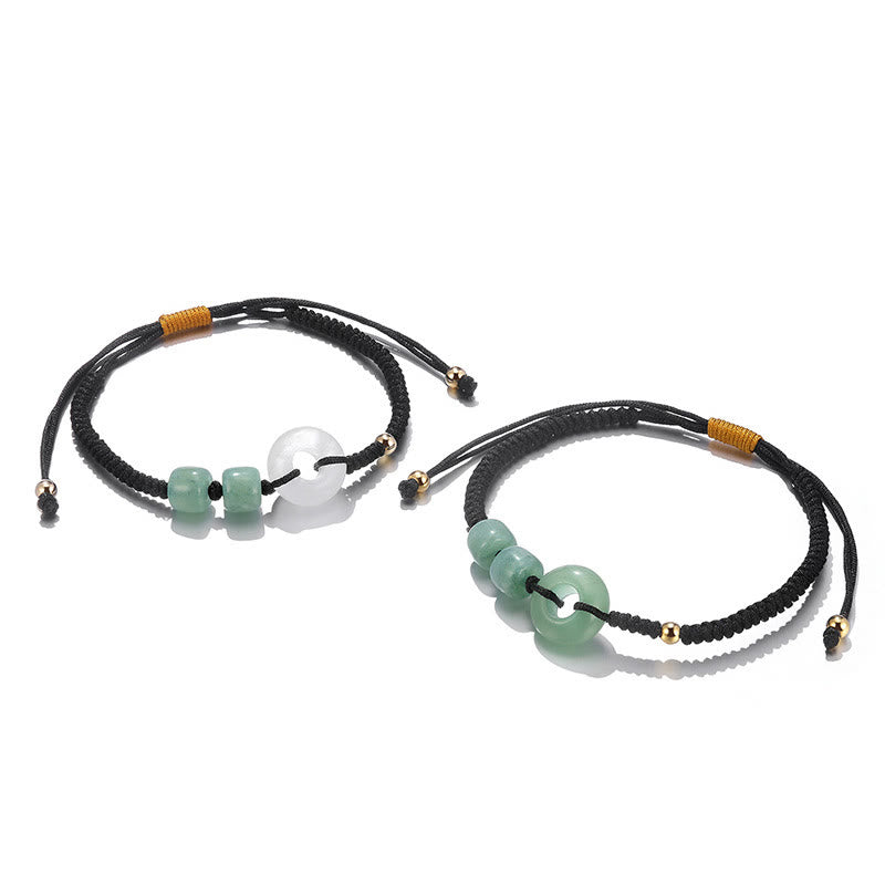 2Pcs Green Aventurine White Jade Peace Buckle Luck Braided Couple Bracelet