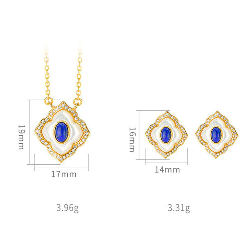 925 Sterling Silver Tridacna Stone Lazurite Prismatic Design Blessing Earrings Necklace Pendant Jewelry Set