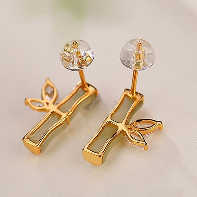 Gold Plated 925 Sterling Silver Bamboo Pattern Jade and Agate Stud Earrings