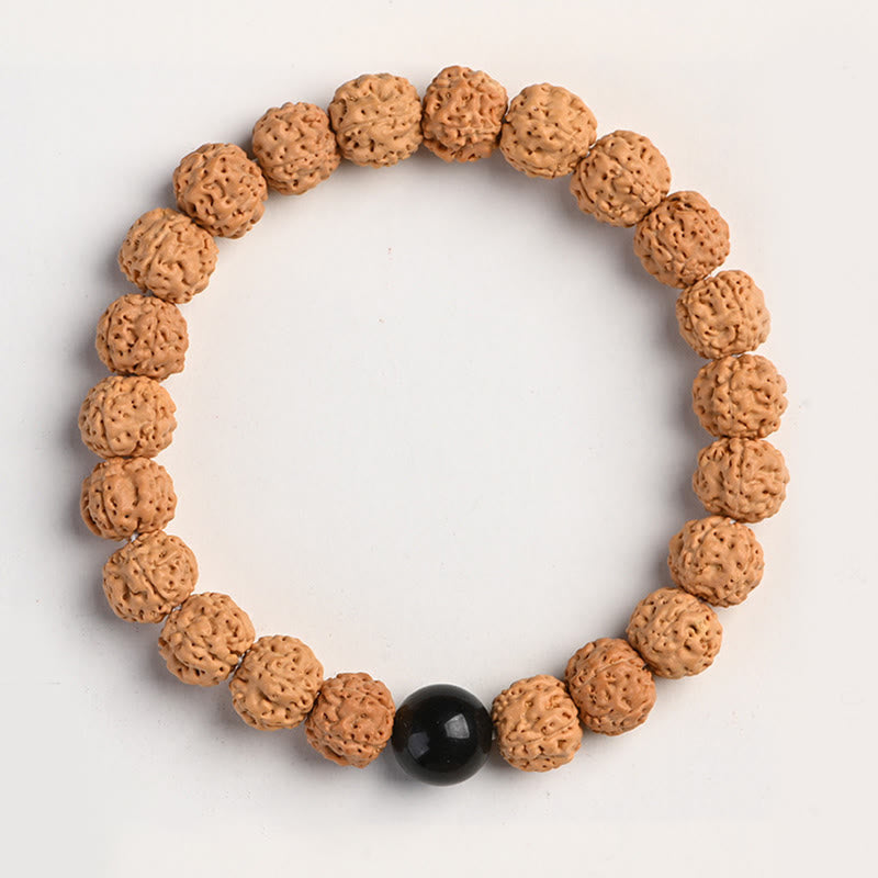 Tibetan Rudraksha & Bodhi Seed Bracelet with Hetian Jade and Gold Sheen Obsidian