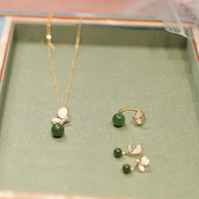 Natural Butterfly Tridacna Stone Cyan Jade Copper Plated Gold Calm Necklace Pendant Ring Earrings Set