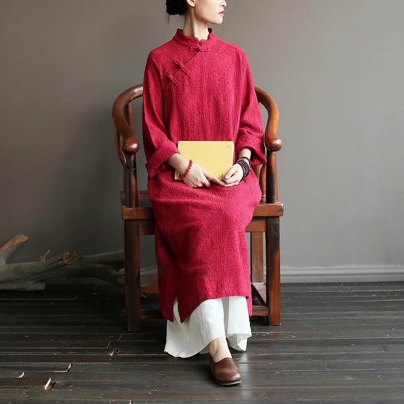 Flower Jacquard Midi Dress Long Sleeve Cotton Linen Dress Wide Leg Pants With Pockets