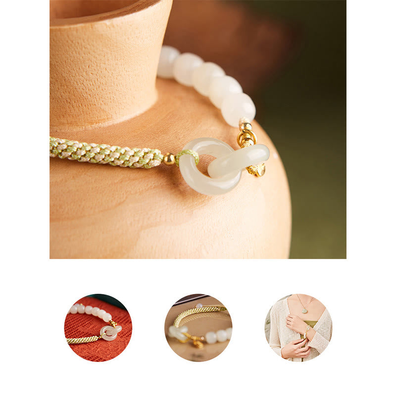 Natural Hetian Jade Bead Double Peace Buckle Fu Character Abundance Braided Bracelet