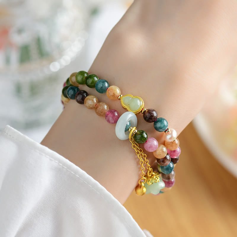 Multicolored Tourmaline Chalcedony Double Wrap Bracelet with Lily of the Valley & Wu Lou Gourd Charms
