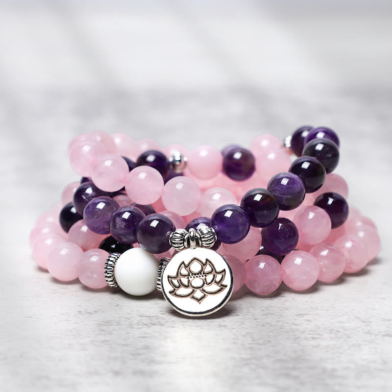 Natural Rose Quartz & Amethyst Om Mani Padme Hum Mala Bead Pendant Bracelet