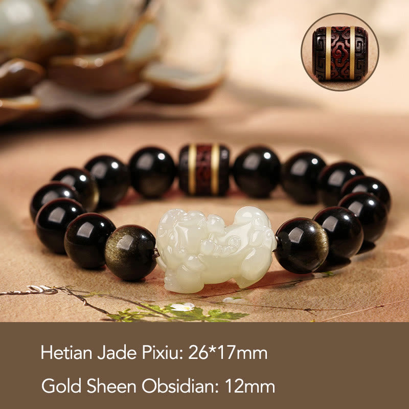 Handmade Gold Sheen Obsidian & Hetian Jade Pixiu Beaded Bracelet for Men and Women
