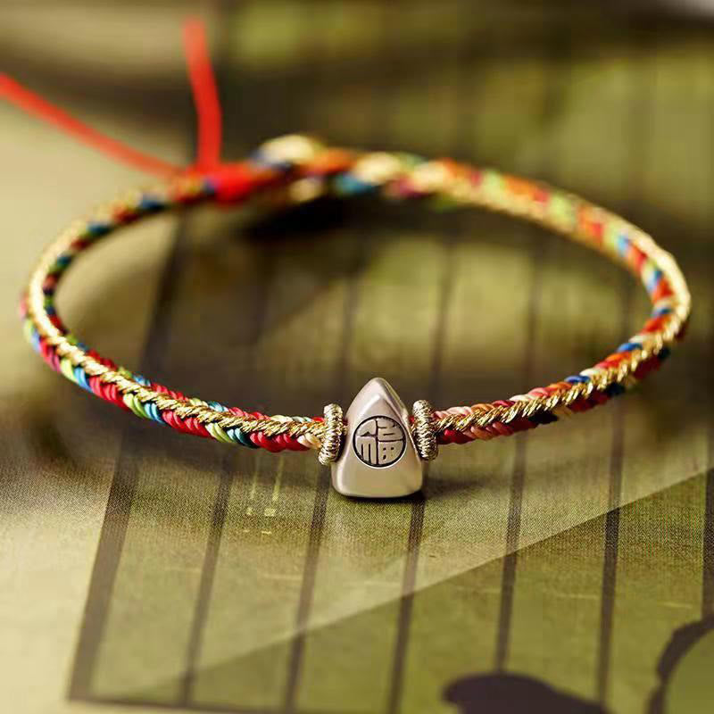 925 Sterling Silver Fu Character Zongzi Pattern Multicolored String Luck Handmade Braided Bracelet