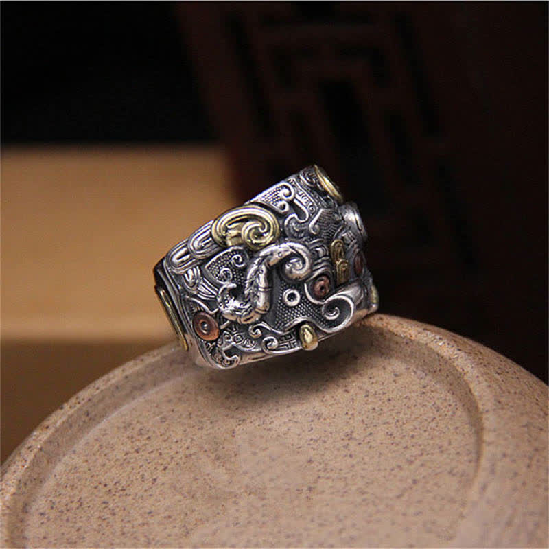 925 Sterling Silver Mythical Dragon and Kui Ox Adjustable Ring