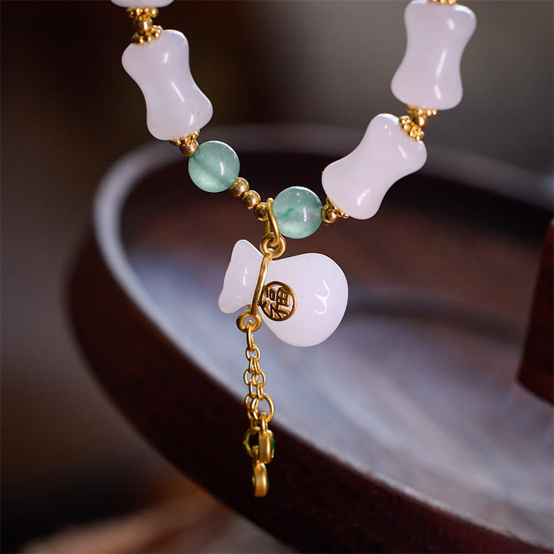 Natural White Golden Silk Jade and Green Aventurine Bamboo Pattern Fu Character Charm Bracelet