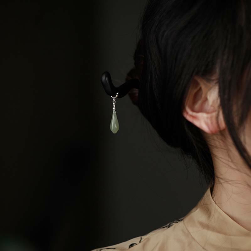 925 Sterling Silver Natural Hetian Jade Ebony Wood Luck Charm Hairpin