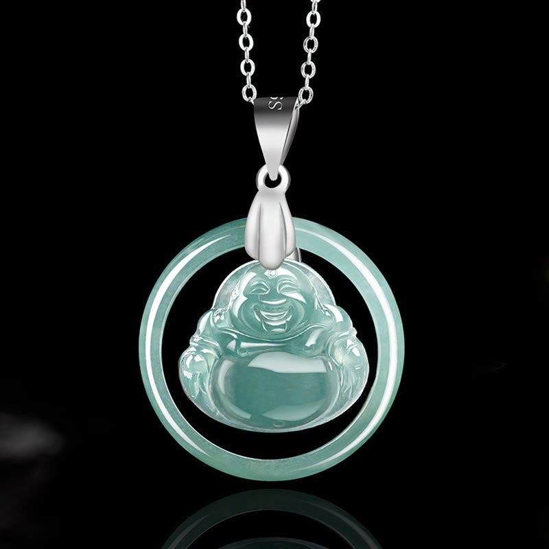 925 Sterling Silver Natural Jade Round Laughing Buddha Abundance Chain Necklace Pendant