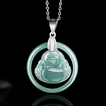 925 Sterling Silver Natural Jade Round Laughing Buddha Abundance Chain Necklace Pendant