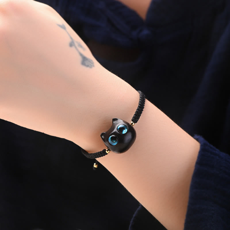 Small Leaf Red Sandalwood Ebony Wood Cute Cat Head Calm Protection Braided Bracelet