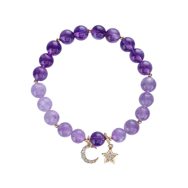 Handmade Natural Amethyst Celestial Moon & Star Beaded Bracelet