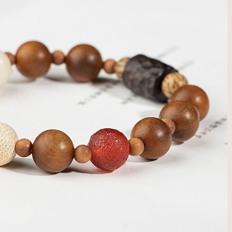 Lightning Struck Wood & Bodhi Seed Cat Paw Tassel Bracelet with Red Agate and Onyx