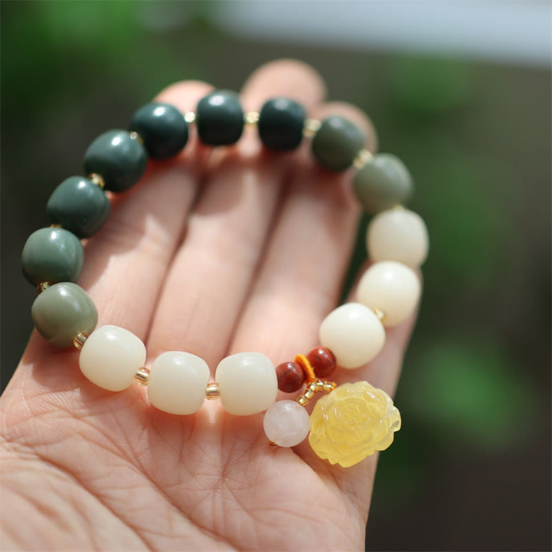Gradient Bodhi Seed, Amber, Golden Silk Jade & Red Agate Lotus Symbol Unisex Elastic Bracelet