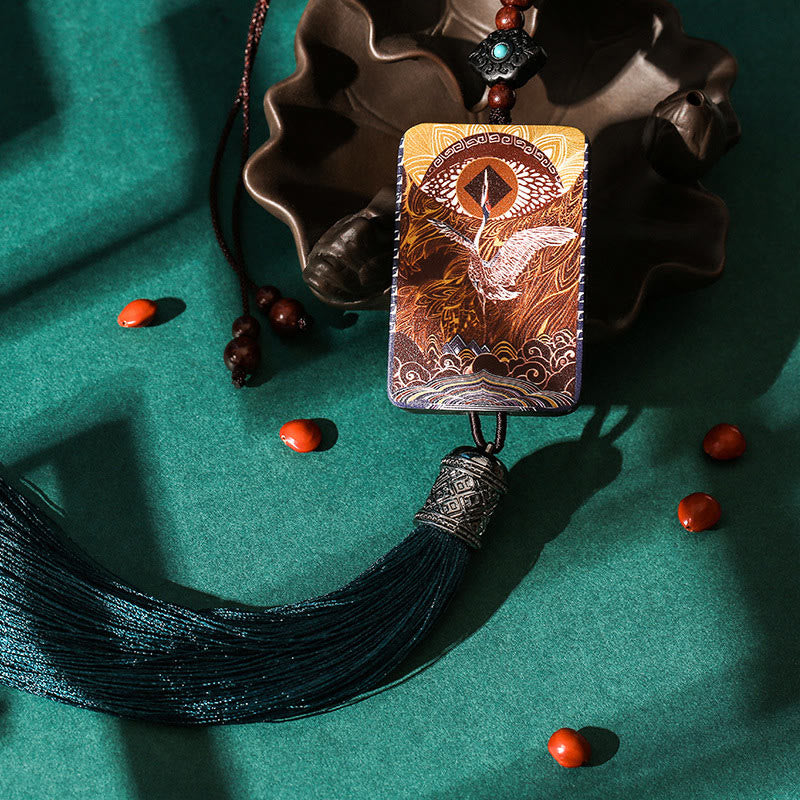 Vintage Handmade Auspicious Crane Ebony Wood Balance Tassel Car Hanging Decoration