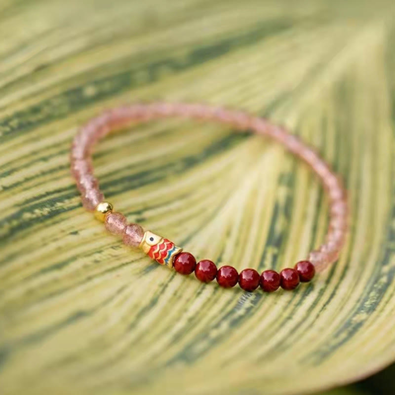 Natural Strawberry Quartz Cinnabar Lucky Koi Fish Healing Bracelet