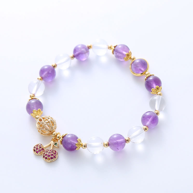 Natural Amethyst and Clear Quartz Beaded Bracelet with Cherry Charm