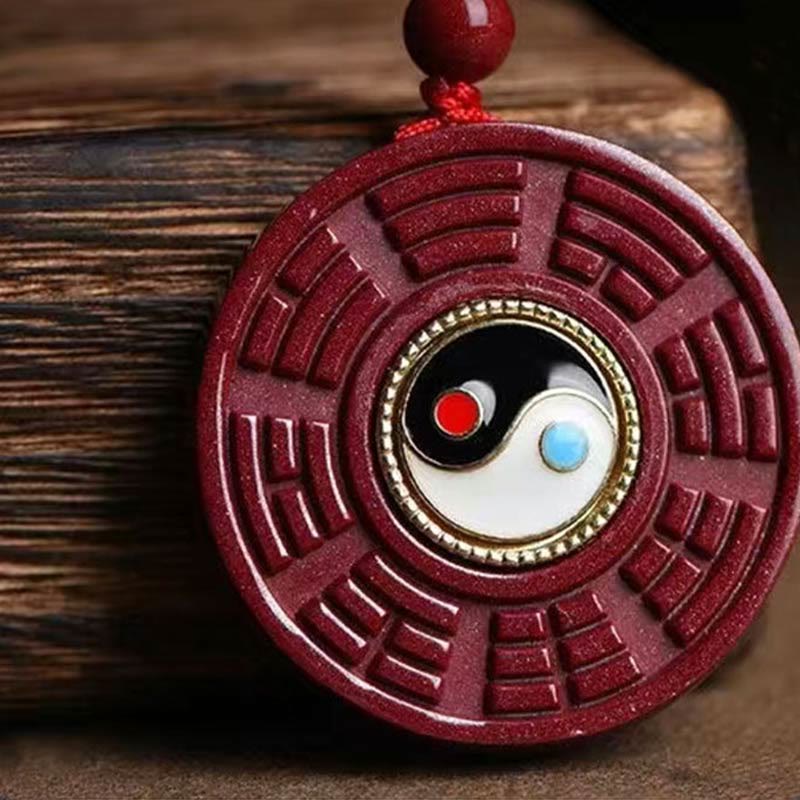Natural Cinnabar Bagua Rotatable Yin Yang Keep Away Evil Spirits Necklace Pendant