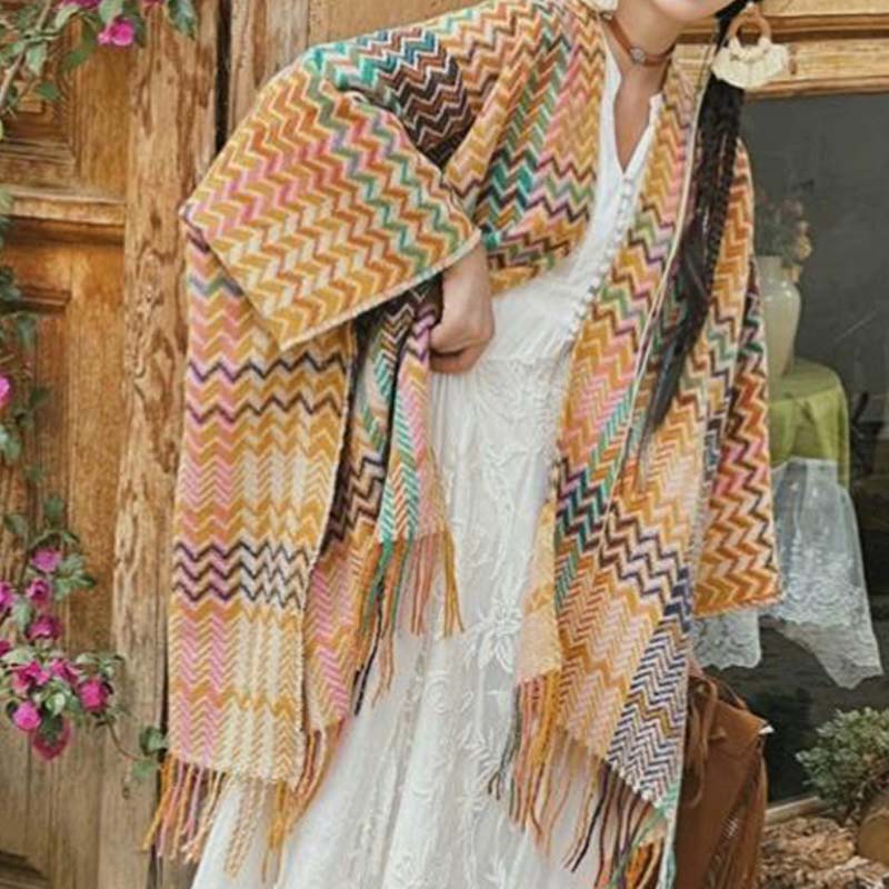 Tibetan Shawl Colorful Wavy Striped Shapes Tassels Winter Cozy Travel Scarf Wrap