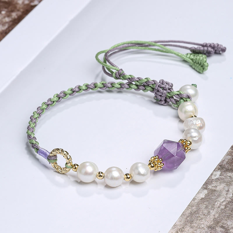14K Gold Plated Natural Pearl & Seashell Charm Bead Bracelet with Amethyst or Red Agate