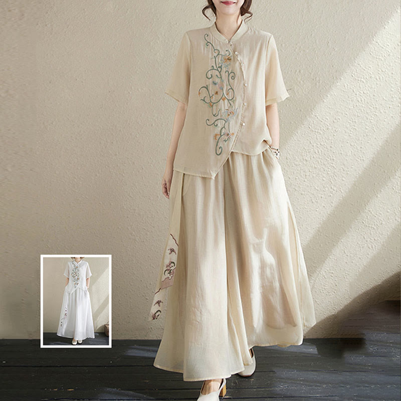 2Pcs Flower Embroidery Short Sleeve Tee T-shirt Wide Leg Pants Set