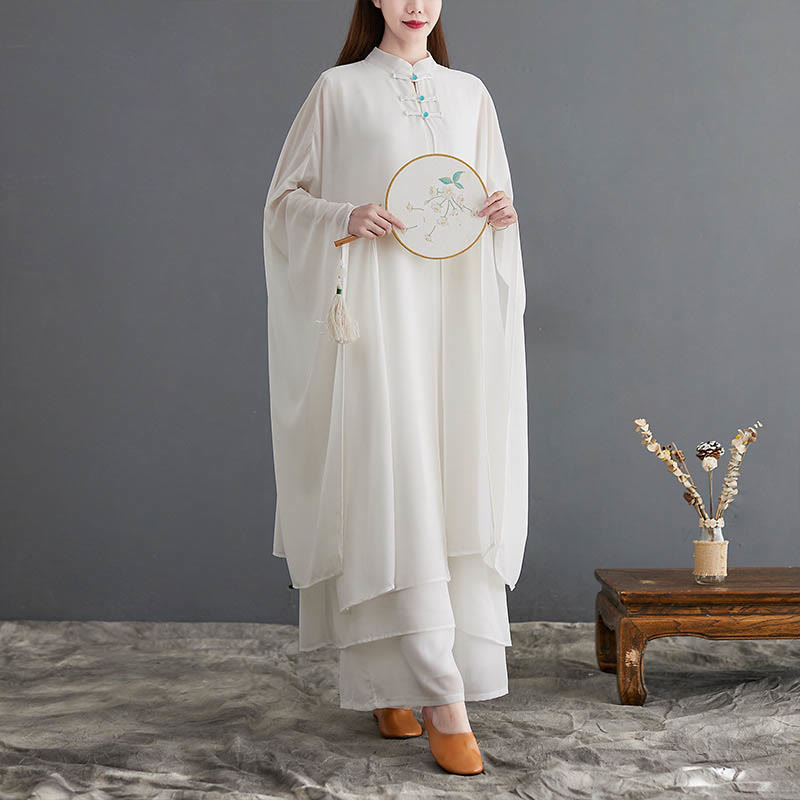 Chiffon Frog-Button Flowing Dress and Wide-Leg Meditation Set