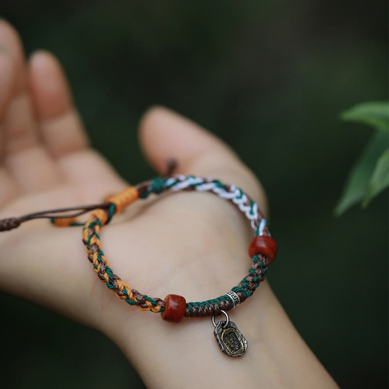 Handmade Tibetan Silver 925 Sterling Silver Zakiram Goddess of Wealth Camel Bone Protection Braided Bracelet